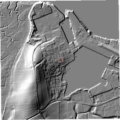 Shaded relief map of the ground around LA20DH, computed from Environment Agency LiDAR. The ground here sits at about 9 m above sea level and falls 19 m across the surrounding 800 m. Surface water reaching this point runs off ground lying to the west-south-west, 9.4 m higher.
