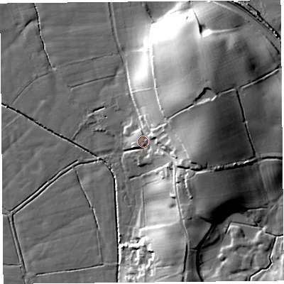 Shaded relief map of the ground around LA20DP, computed from Environment Agency LiDAR. The ground here sits at about 10 m above sea level and falls 26 m across the surrounding 800 m. Surface water reaching this point runs off ground lying to the east-north-east, 18.8 m higher.