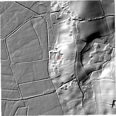 Shaded relief map of the ground around LA20DR, computed from Environment Agency LiDAR. The ground here sits at about 10 m above sea level and falls 24 m across the surrounding 800 m. Surface water reaching this point runs off ground lying to the east-south-east, 8.5 m higher.