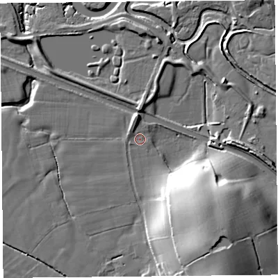 Shaded relief map of the ground around LA20DW, computed from Environment Agency LiDAR. The ground here sits at about 6 m above sea level and falls 26 m across the surrounding 800 m. Surface water reaching this point runs off ground lying to the north, 3.9 m higher.
