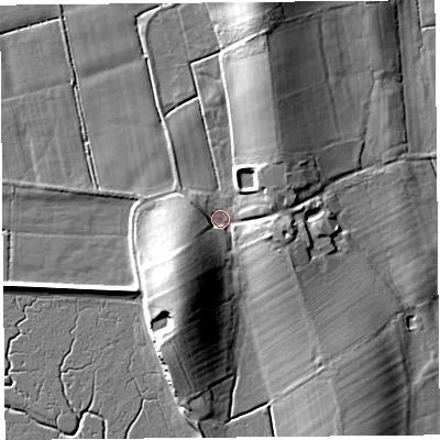 Shaded relief map of the ground around LA20DY, computed from Environment Agency LiDAR. The ground here sits at about 5 m above sea level and falls 13 m across the surrounding 800 m. Surface water reaching this point runs off ground lying to the south-west, 11.3 m higher.