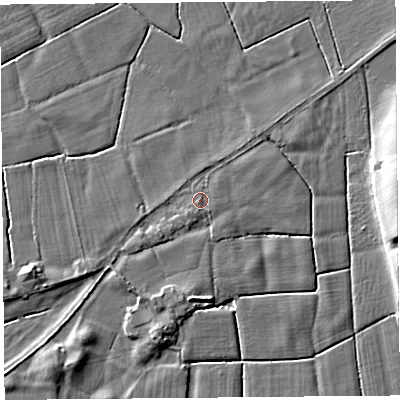 Shaded relief map of the ground around LA20EH, computed from Environment Agency LiDAR. The ground here sits at about 6 m above sea level and falls 8 m across the surrounding 800 m. The ground contributing surface water to this point lies to the south-south-west.