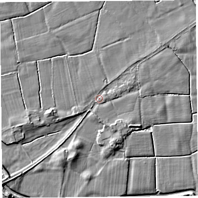 Shaded relief map of the ground around LA20EJ, computed from Environment Agency LiDAR. The ground here sits at about 6 m above sea level and falls 5 m across the surrounding 800 m. Surface water reaching this point runs off ground lying to the south-east, 1.7 m higher.