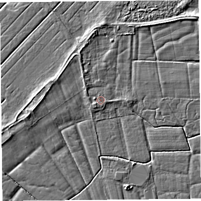 Shaded relief map of the ground around LA20EL, computed from Environment Agency LiDAR. The ground here sits at about 6 m above sea level and falls 4 m across the surrounding 800 m. Surface water reaching this point runs off ground lying to the south-west, 0.8 m higher.