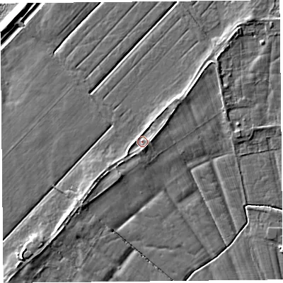 Shaded relief map of the ground around LA20EN, computed from Environment Agency LiDAR. The ground here sits at about 6 m above sea level and falls 5 m across the surrounding 800 m. Surface water reaching this point runs off ground lying to the east-north-east, 2.3 m higher.