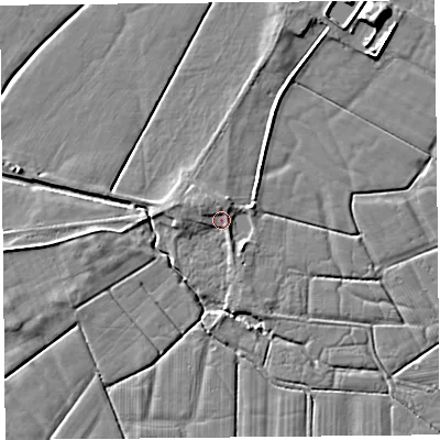 Shaded relief map of the ground around LA20EP, computed from Environment Agency LiDAR. The ground here sits at about 6 m above sea level and falls 7 m across the surrounding 800 m. Surface water reaching this point runs off ground lying to the west-north-west, 2.6 m higher.
