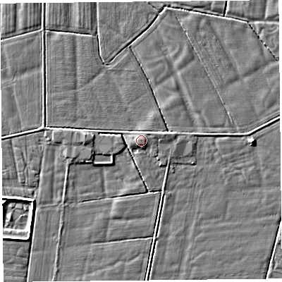 Shaded relief map of the ground around LA20ER, computed from Environment Agency LiDAR. The ground here sits at about 6 m above sea level and falls 4 m across the surrounding 800 m. Surface water reaching this point runs off ground lying to the south-south-west, 0.8 m higher.
