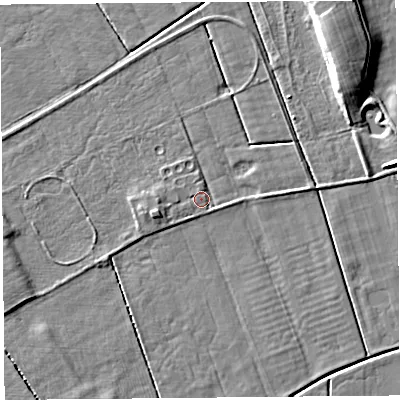 Shaded relief map of the ground around LA20ES, computed from Environment Agency LiDAR. The ground here sits at about 5 m above sea level and falls 6 m across the surrounding 800 m. Surface water reaching this point runs off ground lying to the west-south-west, 2.1 m higher.