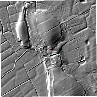 Shaded relief map of the ground around LA20ET, computed from Environment Agency LiDAR. The ground here sits at about 8 m above sea level and falls 7 m across the surrounding 800 m. Surface water reaching this point runs off ground lying to the north, 3.1 m higher.