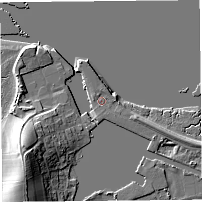 Shaded relief map of the ground around LA20EU, computed from Environment Agency LiDAR. The ground here sits at about 7 m above sea level and falls 19 m across the surrounding 800 m. Surface water reaching this point runs off ground lying to the east, 1.3 m higher.