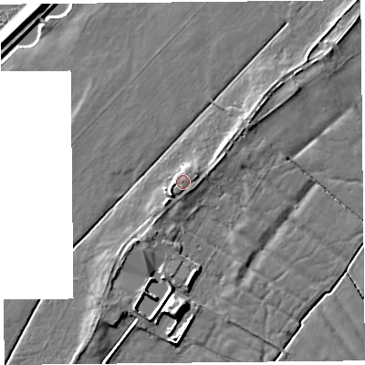 Shaded relief map of the ground around LA20EW, computed from Environment Agency LiDAR. The ground here sits at about 7 m above sea level and falls 7 m across the surrounding 800 m. Surface water reaching this point runs off ground lying to the north-east, 1.4 m higher.