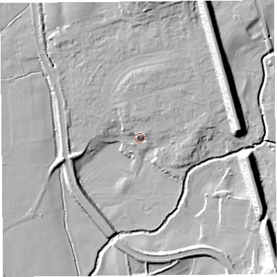 Shaded relief map of the ground around LA20FA, computed from Environment Agency LiDAR. The ground here sits at about 20 m above sea level and falls 18 m across the surrounding 800 m. Surface water reaching this point runs off ground lying to the north, 5.1 m higher.