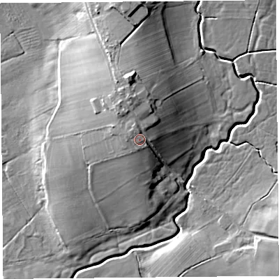 Shaded relief map of the ground around LA20HA, computed from Environment Agency LiDAR. The ground here sits at about 16 m above sea level and falls 16 m across the surrounding 800 m. Surface water reaching this point runs off ground lying to the north-north-west, 3.7 m higher.