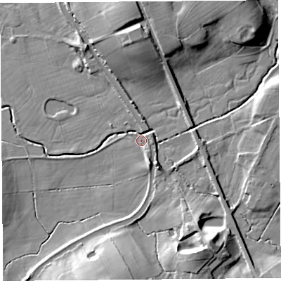 Shaded relief map of the ground around LA20HH, computed from Environment Agency LiDAR. The ground here sits at about 20 m above sea level and falls 16 m across the surrounding 800 m. Surface water reaching this point runs off ground lying to the north-east, 14.5 m higher.