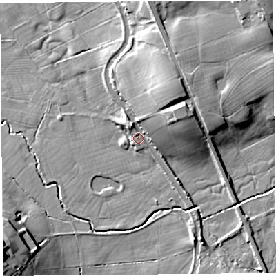 Shaded relief map of the ground around LA20HJ, computed from Environment Agency LiDAR. The ground here sits at about 22 m above sea level and falls 22 m across the surrounding 800 m. Surface water reaching this point runs off ground lying to the north-east, 10.6 m higher.