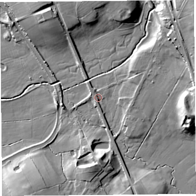 Shaded relief map of the ground around LA20HW, computed from Environment Agency LiDAR. The ground here sits at about 22 m above sea level and falls 24 m across the surrounding 800 m. Surface water reaching this point runs off ground lying to the east-north-east, 5.2 m higher.