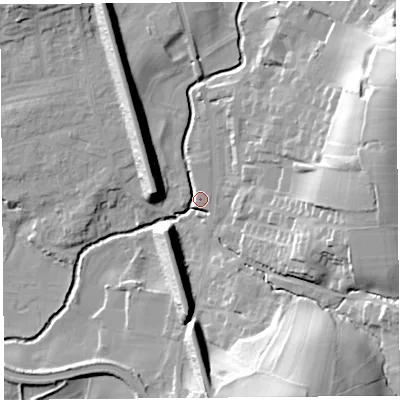 Shaded relief map of the ground around LA20JJ, computed from Environment Agency LiDAR. The ground here sits at about 21 m above sea level and falls 35 m across the surrounding 800 m. Surface water reaching this point runs off ground lying to the south-south-east, 33.5 m higher.