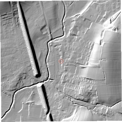 Shaded relief map of the ground around LA20JR, computed from Environment Agency LiDAR. The ground here sits at about 21 m above sea level and falls 30 m across the surrounding 800 m. Surface water reaching this point runs off ground lying to the east-north-east, 24.1 m higher.