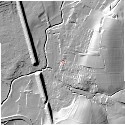 Shaded relief map of the ground around LA20JS, computed from Environment Agency LiDAR. The ground here sits at about 22 m above sea level and falls 33 m across the surrounding 800 m. Surface water reaching this point runs off ground lying to the east, 18.6 m higher.