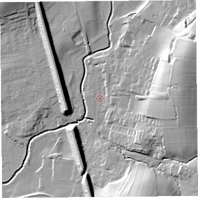 Shaded relief map of the ground around LA20JW, computed from Environment Agency LiDAR. The ground here sits at about 20 m above sea level and falls 29 m across the surrounding 800 m. Surface water reaching this point runs off ground lying to the east-north-east, 24.1 m higher.