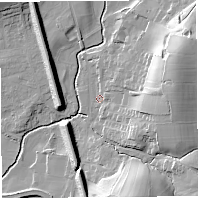 Shaded relief map of the ground around LA20JX, computed from Environment Agency LiDAR. The ground here sits at about 21 m above sea level and falls 30 m across the surrounding 800 m. Surface water reaching this point runs off ground lying to the east-north-east, 24.1 m higher.
