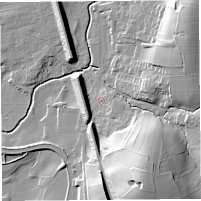 Shaded relief map of the ground around LA20LA, computed from Environment Agency LiDAR. The ground here sits at about 22 m above sea level and falls 42 m across the surrounding 800 m. Surface water reaching this point runs off ground lying to the south-south-east, 35.4 m higher.