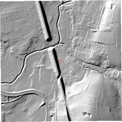 Shaded relief map of the ground around LA20LB, computed from Environment Agency LiDAR. The ground here sits at about 21 m above sea level and falls 42 m across the surrounding 800 m. Surface water reaching this point runs off ground lying to the south-south-east, 37.1 m higher.
