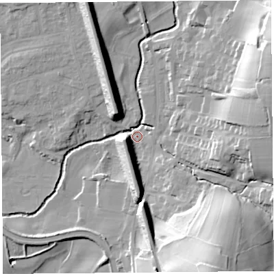 Shaded relief map of the ground around LA20LL, computed from Environment Agency LiDAR. The ground here sits at about 20 m above sea level and falls 40 m across the surrounding 800 m. Surface water reaching this point runs off ground lying to the south-south-east, 38.0 m higher.