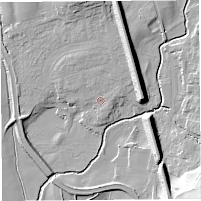 Shaded relief map of the ground around LA20LR, computed from Environment Agency LiDAR. The ground here sits at about 21 m above sea level and falls 31 m across the surrounding 800 m. Surface water reaching this point runs off ground lying to the north-north-east, 11.3 m higher.