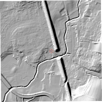 Shaded relief map of the ground around LA20LW, computed from Environment Agency LiDAR. The ground here sits at about 20 m above sea level and falls 36 m across the surrounding 800 m. Surface water reaching this point runs off ground lying to the east-north-east, 11.6 m higher.