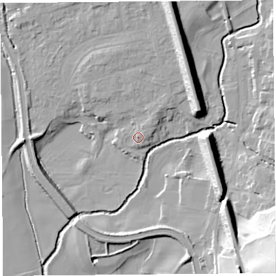 Shaded relief map of the ground around LA20LX, computed from Environment Agency LiDAR. The ground here sits at about 21 m above sea level and falls 35 m across the surrounding 800 m. Surface water reaching this point runs off ground lying to the north-east, 1.2 m higher.