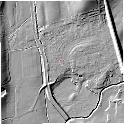 Shaded relief map of the ground around LA20NT, computed from Environment Agency LiDAR. The ground here sits at about 21 m above sea level and falls 20 m across the surrounding 800 m. Surface water reaching this point runs off ground lying to the north-north-east, 15.2 m higher.