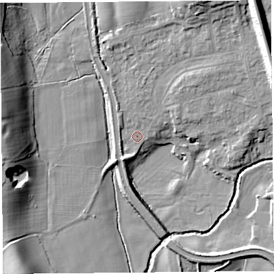 Shaded relief map of the ground around LA20NU, computed from Environment Agency LiDAR. The ground here sits at about 20 m above sea level and falls 18 m across the surrounding 800 m. Surface water reaching this point runs off ground lying to the north-east, 12.7 m higher.