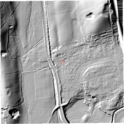 Shaded relief map of the ground around LA20NY, computed from Environment Agency LiDAR. The ground here sits at about 21 m above sea level and falls 31 m across the surrounding 800 m. Surface water reaching this point runs off ground lying to the north, 6.7 m higher.