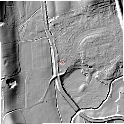 Shaded relief map of the ground around LA20NZ, computed from Environment Agency LiDAR. The ground here sits at about 20 m above sea level and falls 20 m across the surrounding 800 m. Surface water reaching this point runs off ground lying to the south-south-west, 4.2 m higher.