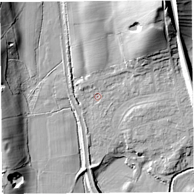 Shaded relief map of the ground around LA20PA, computed from Environment Agency LiDAR. The ground here sits at about 21 m above sea level and falls 31 m across the surrounding 800 m. Surface water reaching this point runs off ground lying to the north-east, 25.9 m higher.