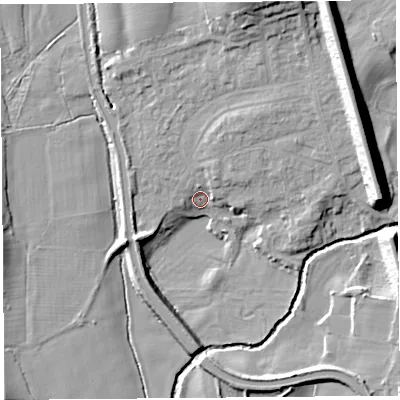Shaded relief map of the ground around LA20PD, computed from Environment Agency LiDAR. The ground here sits at about 19 m above sea level and falls 17 m across the surrounding 800 m. Surface water reaching this point runs off ground lying to the north-north-east, 16.2 m higher.