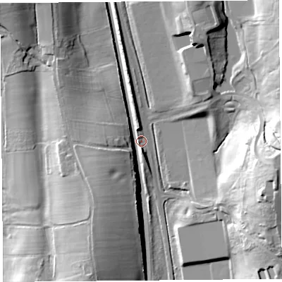 Shaded relief map of the ground around LA20PH, computed from Environment Agency LiDAR. The ground here sits at about 35 m above sea level and falls 34 m across the surrounding 800 m. Surface water reaching this point runs off ground lying to the north-north-west, 10.6 m higher.