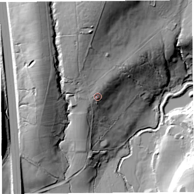 Shaded relief map of the ground around LA20PL, computed from Environment Agency LiDAR. The ground here sits at about 62 m above sea level and falls 57 m across the surrounding 800 m. Surface water reaching this point runs off ground lying to the north-north-west, 3.2 m higher.