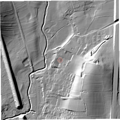 Shaded relief map of the ground around LA20PR, computed from Environment Agency LiDAR. The ground here sits at about 24 m above sea level and falls 29 m across the surrounding 800 m. Surface water reaching this point runs off ground lying to the east, 23.3 m higher.