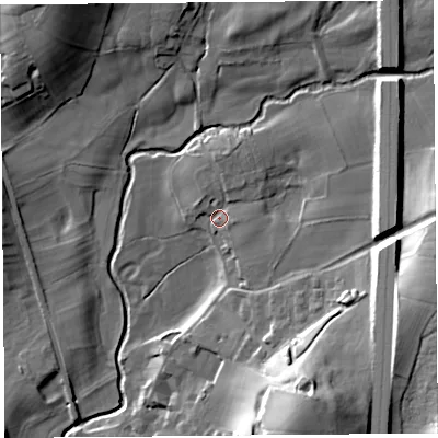 Shaded relief map of the ground around LA20PW, computed from Environment Agency LiDAR. The ground here sits at about 25 m above sea level and falls 28 m across the surrounding 800 m. Surface water reaching this point runs off ground lying to the east, 11.1 m higher.