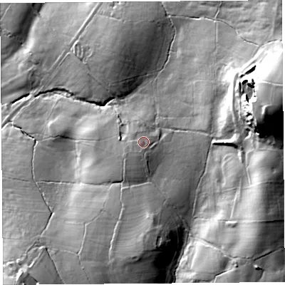 Shaded relief map of the ground around LA20QB, computed from Environment Agency LiDAR. The ground here sits at about 125 m above sea level and falls 68 m across the surrounding 800 m. Surface water reaching this point runs off ground lying to the south, 2.0 m higher.