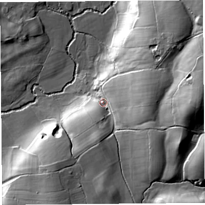 Shaded relief map of the ground around LA20QH, computed from Environment Agency LiDAR. The ground here sits at about 40 m above sea level and falls 47 m across the surrounding 800 m. Surface water reaching this point runs off ground lying to the east, 37.1 m higher.