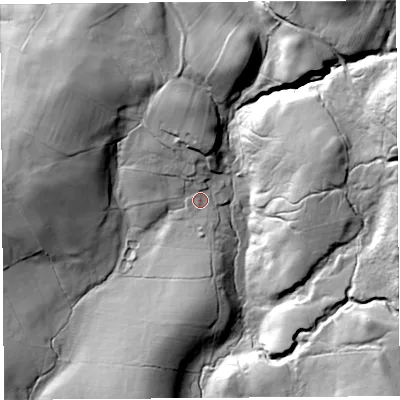 Shaded relief map of the ground around LA20QP, computed from Environment Agency LiDAR. The ground here sits at about 204 m above sea level and falls 60 m across the surrounding 800 m. Surface water reaching this point runs off ground lying to the north, 3.0 m higher.