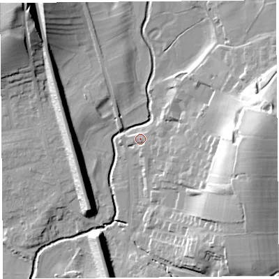 Shaded relief map of the ground around LA20RH, computed from Environment Agency LiDAR. The ground here sits at about 22 m above sea level and falls 30 m across the surrounding 800 m. Surface water reaching this point runs off ground lying to the south-east, 0.9 m higher.