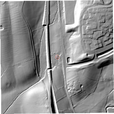 Shaded relief map of the ground around LA20RT, computed from Environment Agency LiDAR. The ground here sits at about 29 m above sea level and falls 32 m across the surrounding 800 m. Surface water reaching this point runs off ground lying to the north-east, 3.6 m higher.