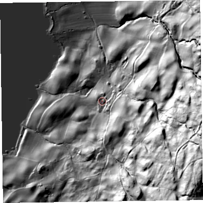 Shaded relief map of the ground around LA218AA, computed from Environment Agency LiDAR. The ground here sits at about 70 m above sea level and falls 150 m across the surrounding 800 m. Surface water reaching this point runs off ground lying to the south-east, 126.5 m higher.
