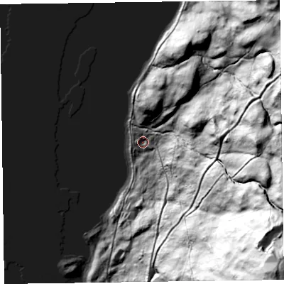 Shaded relief map of the ground around LA218AD, computed from Environment Agency LiDAR. The ground here sits at about 49 m above sea level and falls 205 m across the surrounding 800 m. Surface water reaching this point runs off ground lying to the east-south-east, 43.9 m higher.