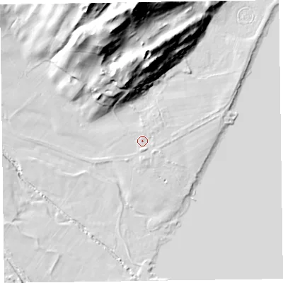 Shaded relief map of the ground around LA218AJ, computed from Environment Agency LiDAR. The ground here sits at about 47 m above sea level and falls 59 m across the surrounding 800 m. Surface water reaching this point runs off ground lying to the south, 1.4 m higher.