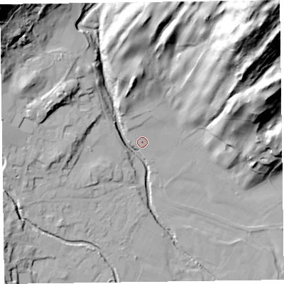 Shaded relief map of the ground around LA218AL, computed from Environment Agency LiDAR. The ground here sits at about 51 m above sea level and falls 93 m across the surrounding 800 m. Surface water reaching this point runs off ground lying to the north-north-west, 3.0 m higher.